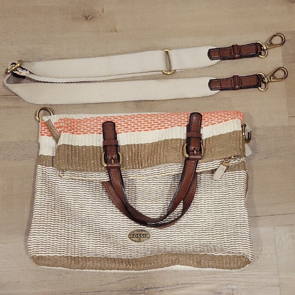 Fossil Tan, Cream & Coral Woven Tote with Brown Leather Trim - Picture 3 of 12
